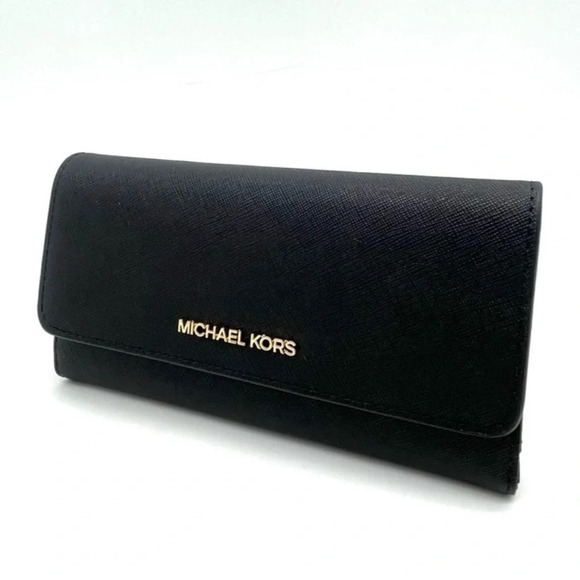 Michael Kors Large Trifold Wallet Black/Gold - Picture 1 of 8